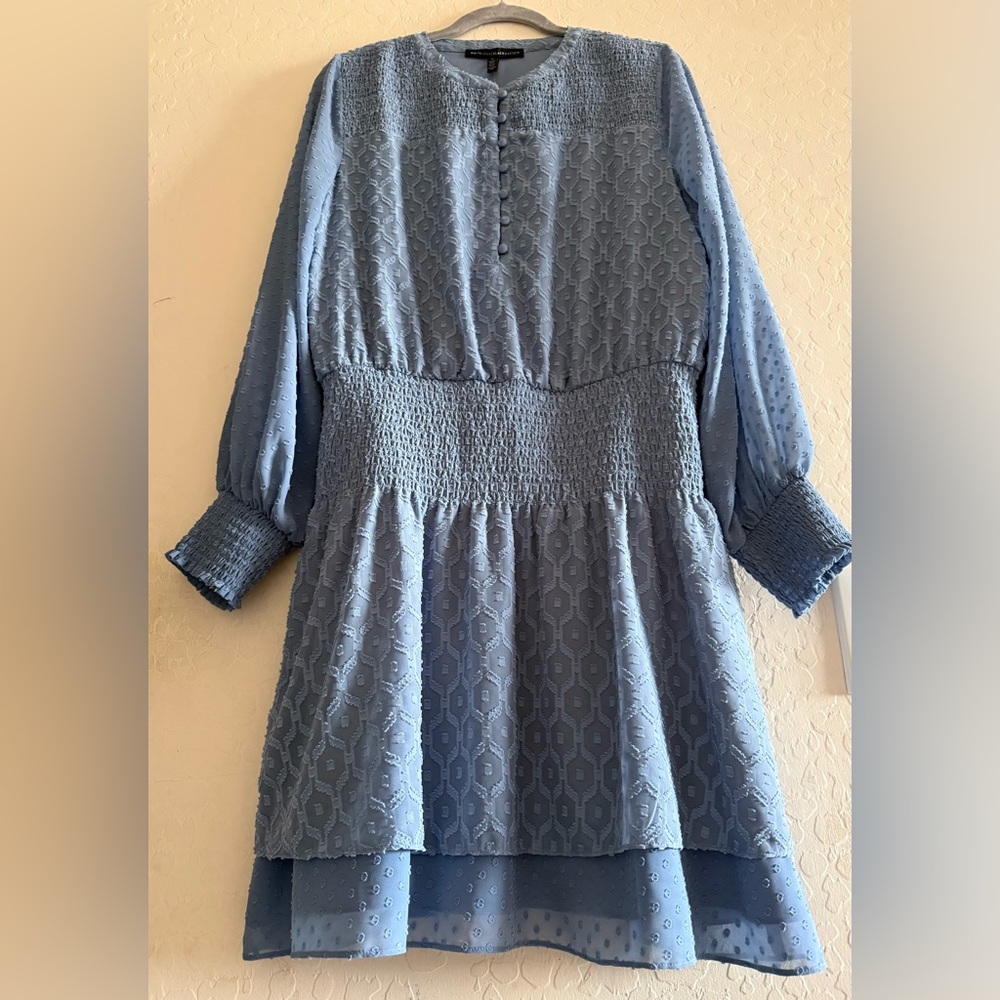 White House black market, medium, denim blue, smocked waist, long sleeve dress